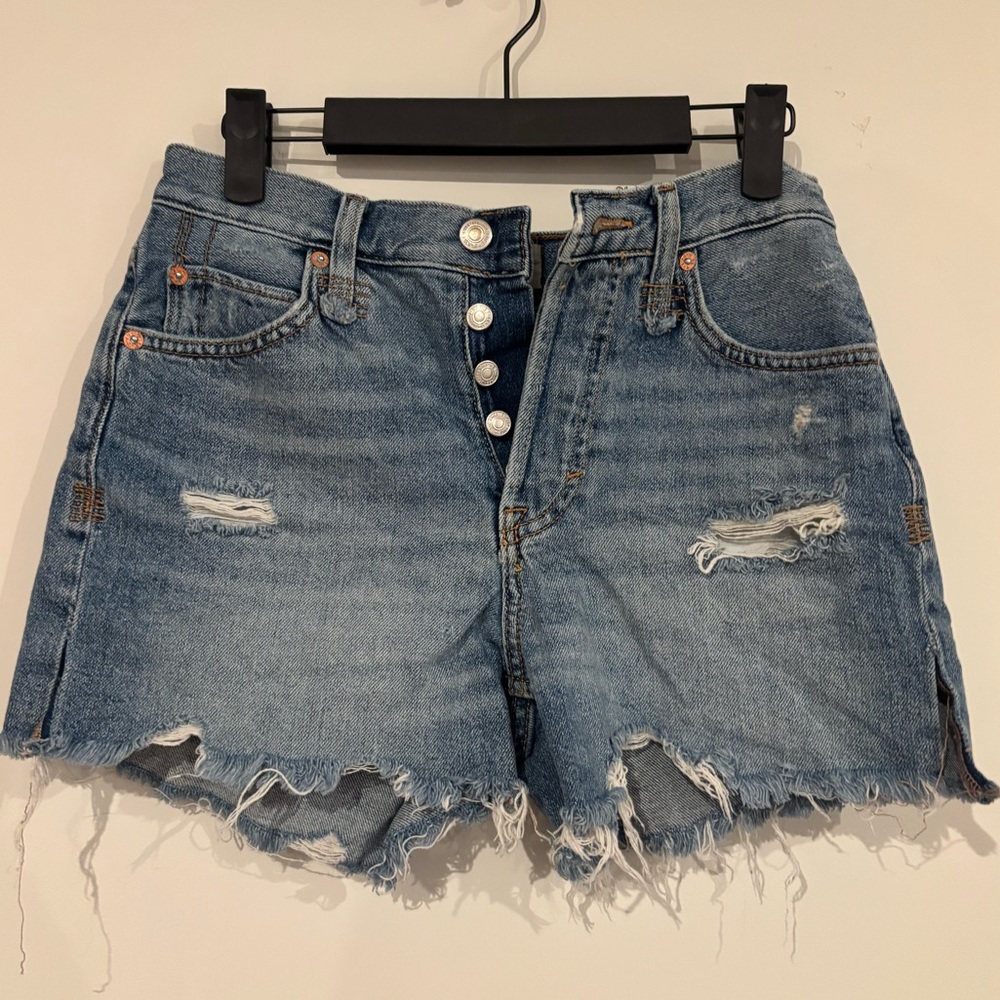 Free People Distressed High Waisted Button Up Fly Blue High Waisted Shorts 25